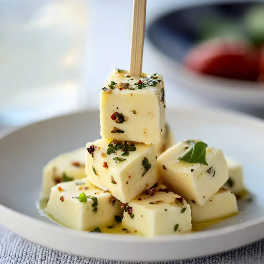 A stack of seasoned cheese cubes drizzled with oil, garnished with herbs, served on a white plate.