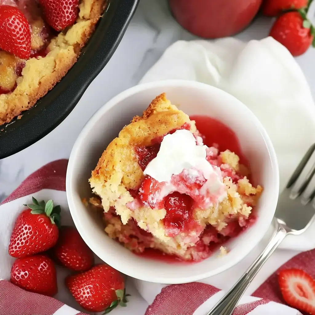 A serving of strawberry cobbler topped with whipped cream, placed next to fresh strawberries on a red and white striped napkin.