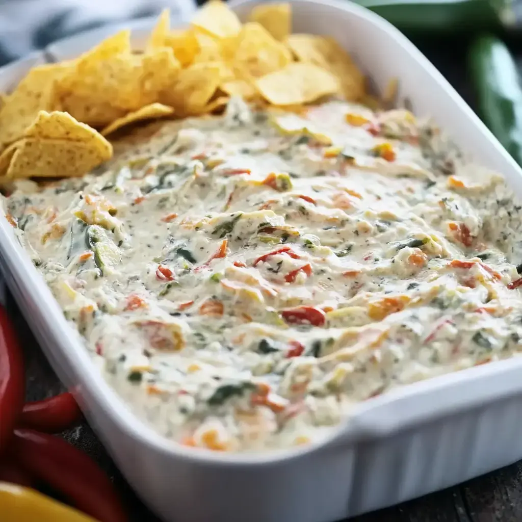 A white dish filled with creamy dip mixed with colorful diced vegetables, accompanied by a side of tortilla chips.