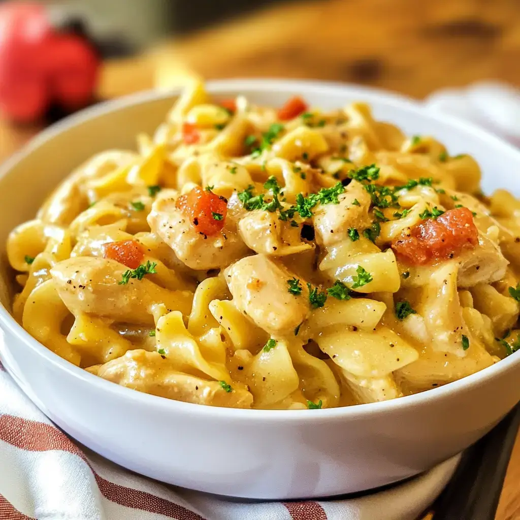 A creamy chicken and noodle dish garnished with parsley and diced tomatoes in a white bowl.