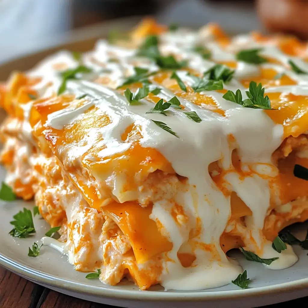 A close-up view of a cheesy, layered lasagna topped with sour cream and garnished with fresh parsley.