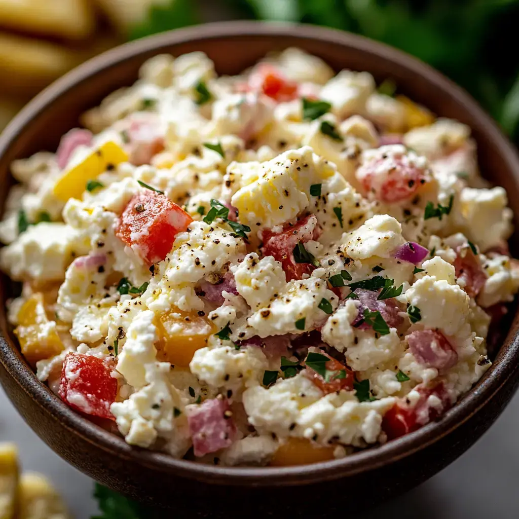 A close-up of a bowl filled with a colorful salad made of cheese, diced tomatoes, and peppers, garnished with herbs and black pepper.