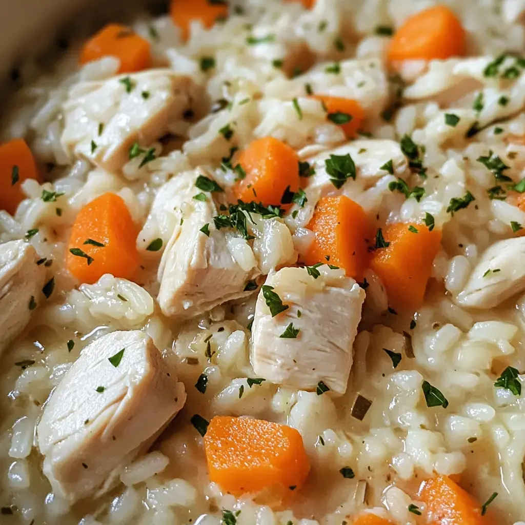 A close-up of creamy risotto featuring diced chicken, orange carrot pieces, and chopped parsley.