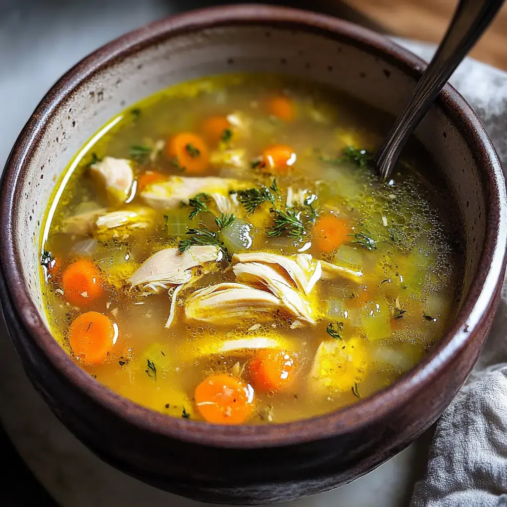 A bowl of chicken soup with shredded chicken, carrots, and herbs in a savory broth.