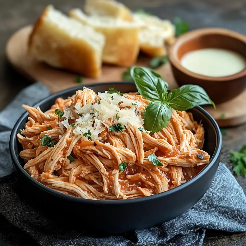 A bowl of shredded chicken in a tomato sauce, topped with grated cheese and basil, served alongside slices of bread and a small bowl of sauce.