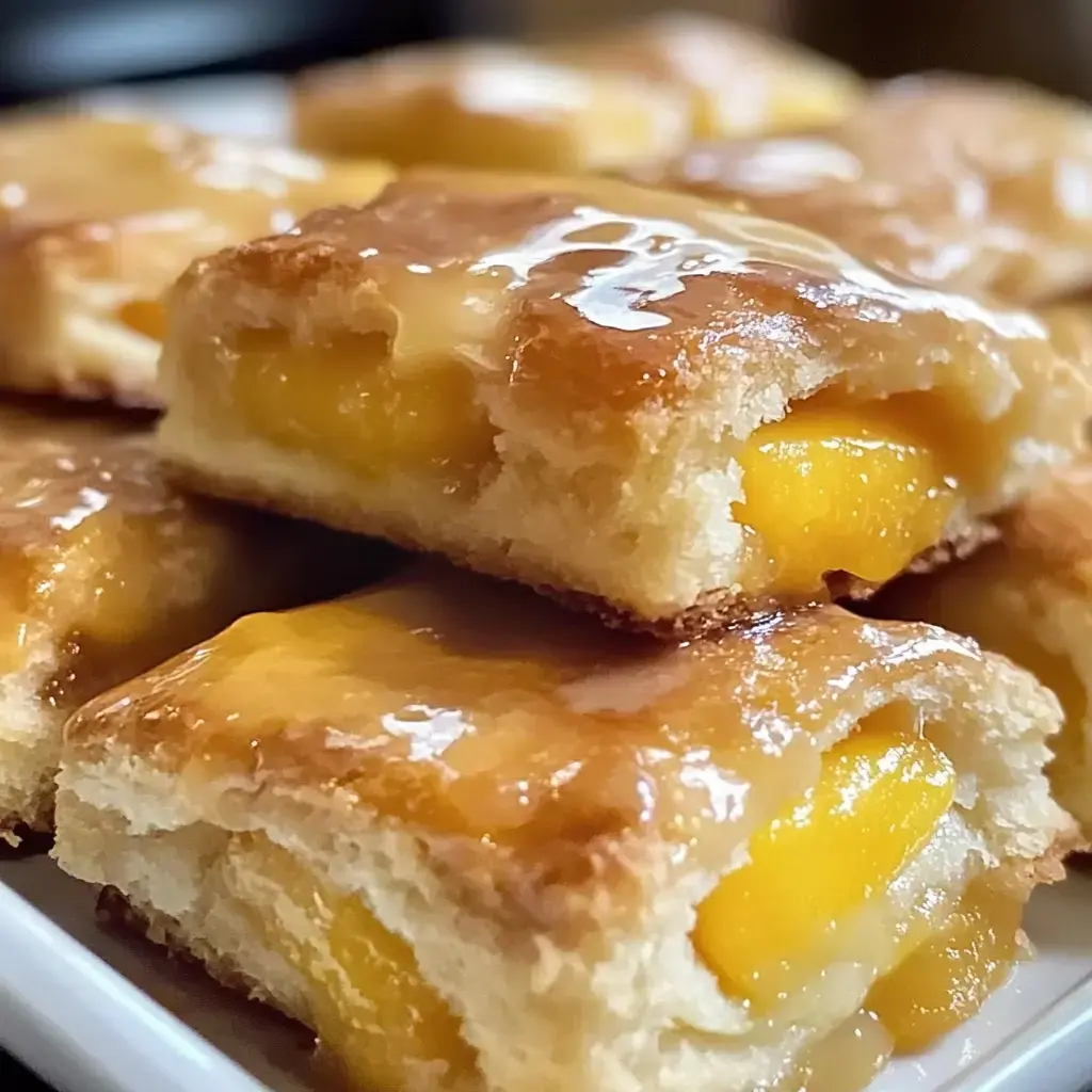 A close-up of soft, golden pastries filled with yellow fruit and topped with a glossy glaze.