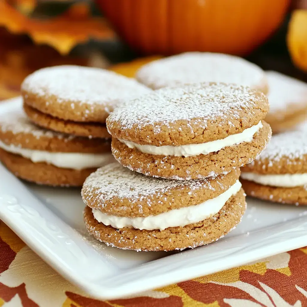 A plate of pumpkin spice sandwich cookies dusted with powdered sugar, featuring a creamy filling, is set against a background of autumn leaves and a pumpkin.