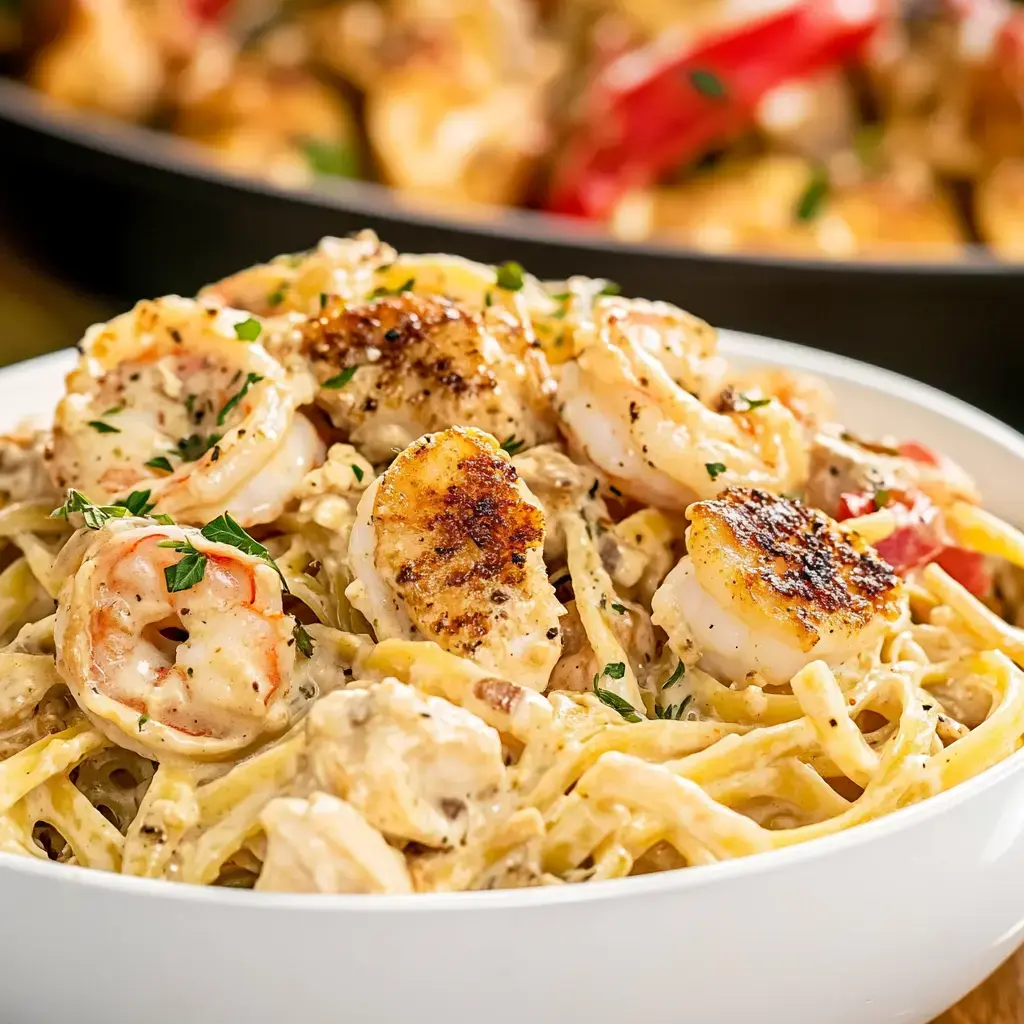 A creamy fettuccine dish topped with sautéed shrimp and garnished with parsley.