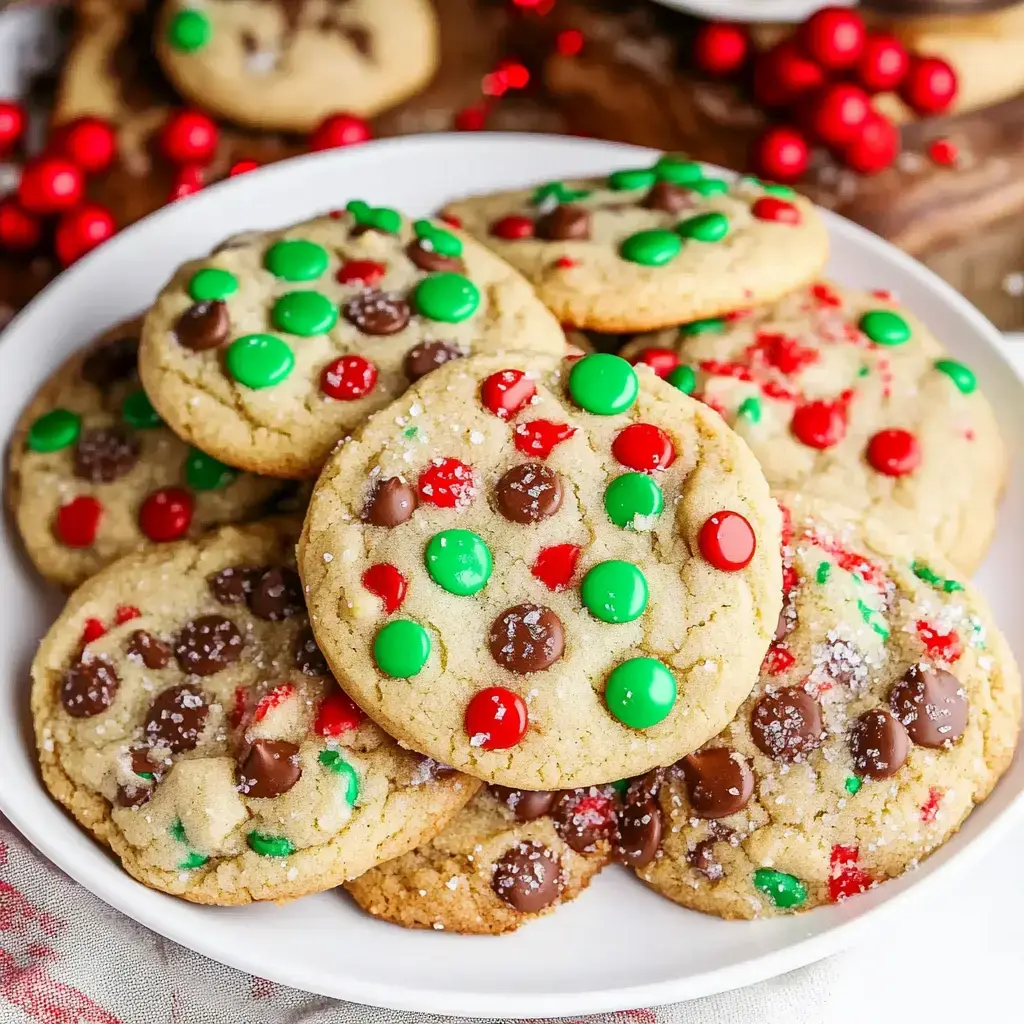 A plate of festive cookies topped with green and red candies, along with chocolate chips, is displayed attractively.