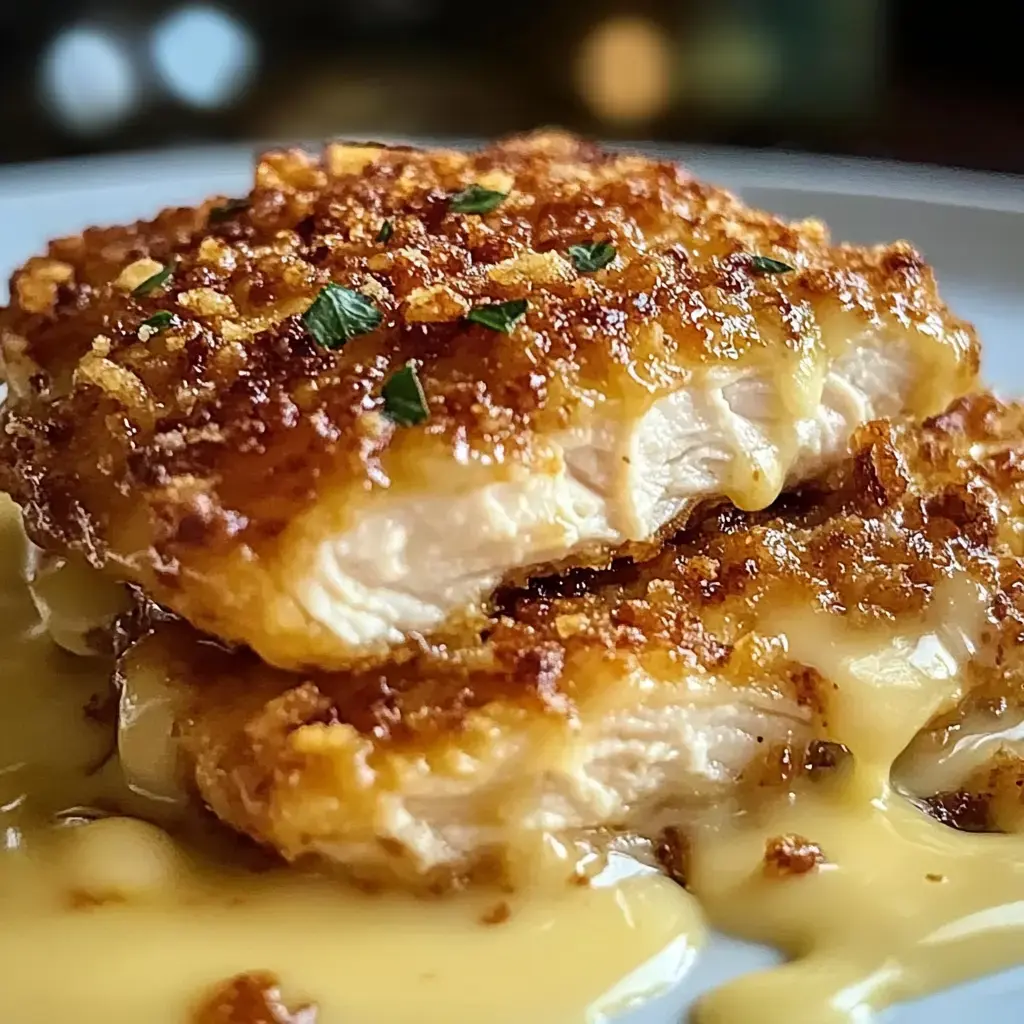 A close-up image of two pieces of golden-brown, crispy fried fish served with a creamy sauce and garnished with chopped herbs.