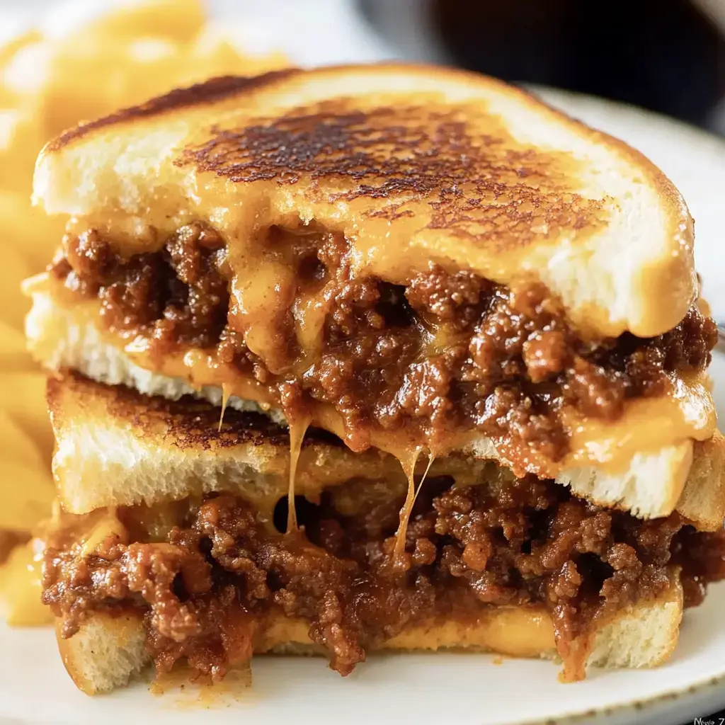 A close-up of a stacked grilled cheese sandwich filled with ground beef, melted cheese, and served with potato chips.