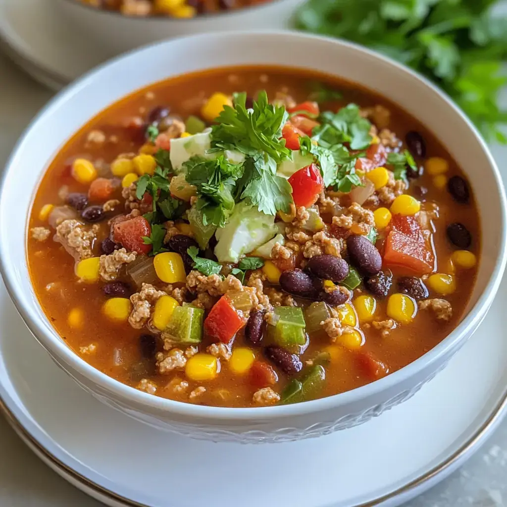 A bowl of hearty chili topped with cilantro, diced tomatoes, and avocado, featuring ground meat, black beans, corn, and colorful bell peppers.