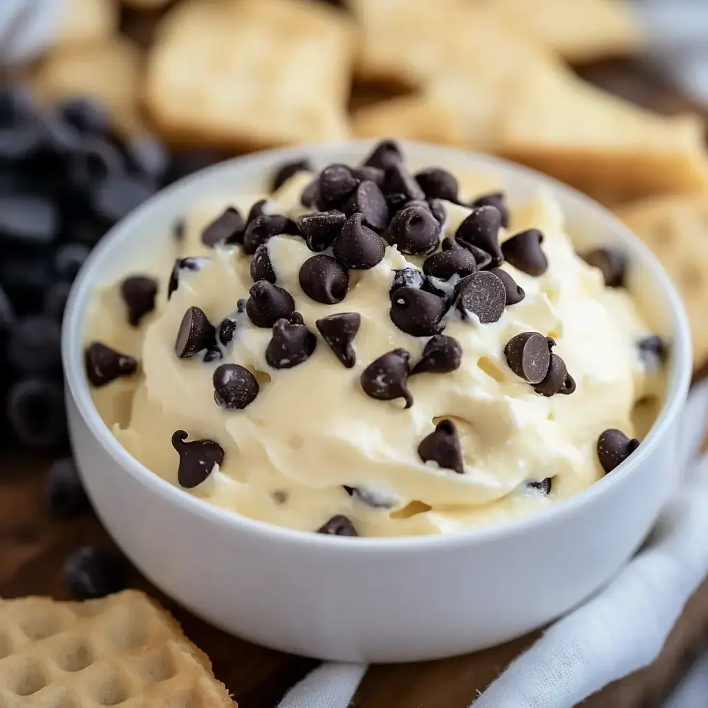 A bowl of creamy dessert topped with chocolate chips, accompanied by scattered waffle pieces in the background.