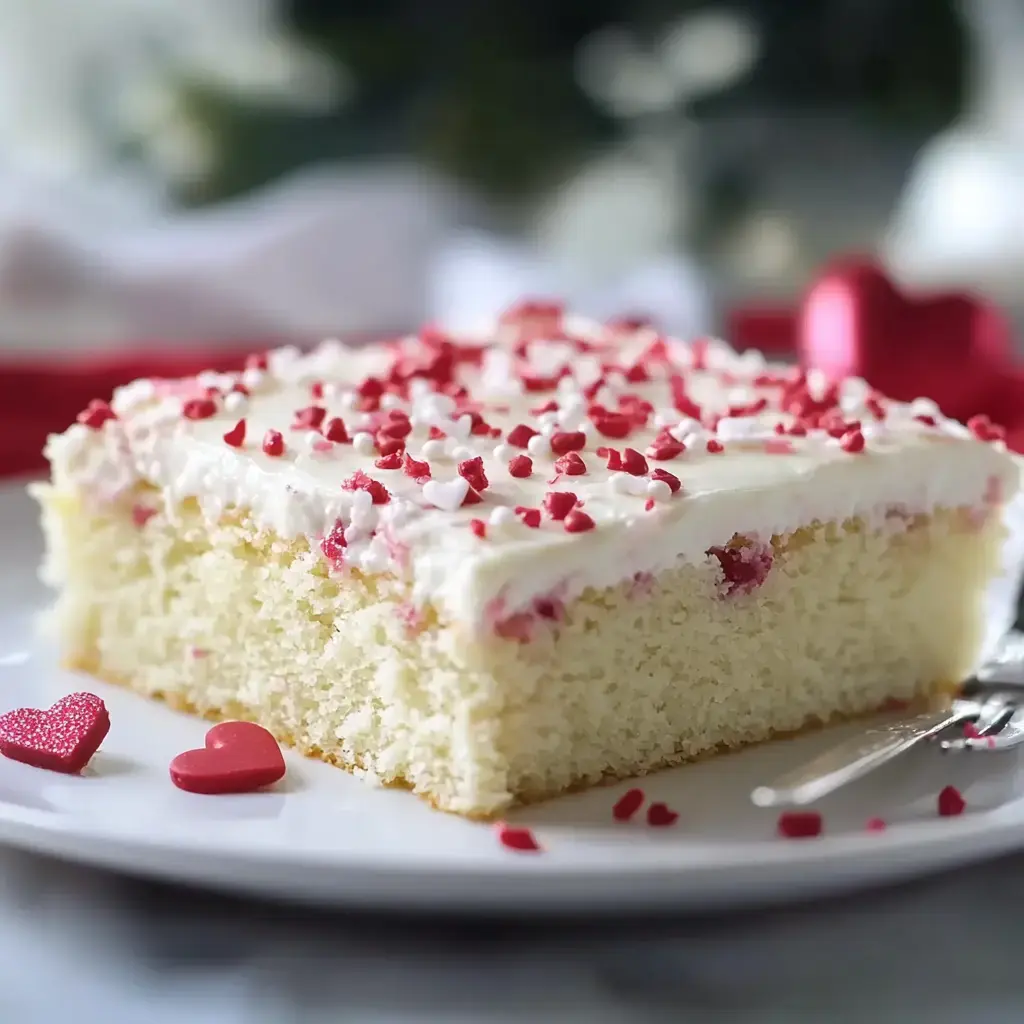 A slice of vanilla cake topped with white frosting and red heart-shaped sprinkles is displayed on a plate, alongside small heart-shaped candies.