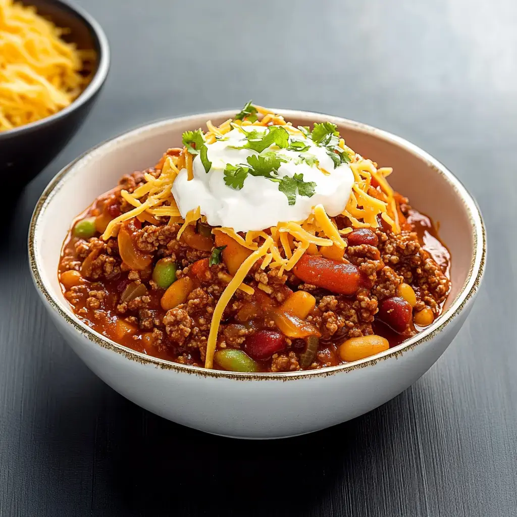 A bowl of chili topped with shredded cheese, sour cream, and chopped cilantro, accompanied by a bowl of shredded cheese in the background.