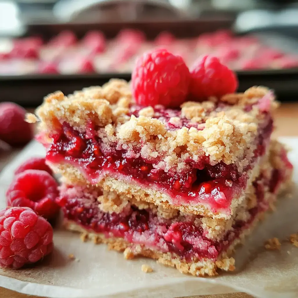 A delicious slice of raspberry crumble bar topped with fresh raspberries and surrounded by whole raspberries on a wooden surface.