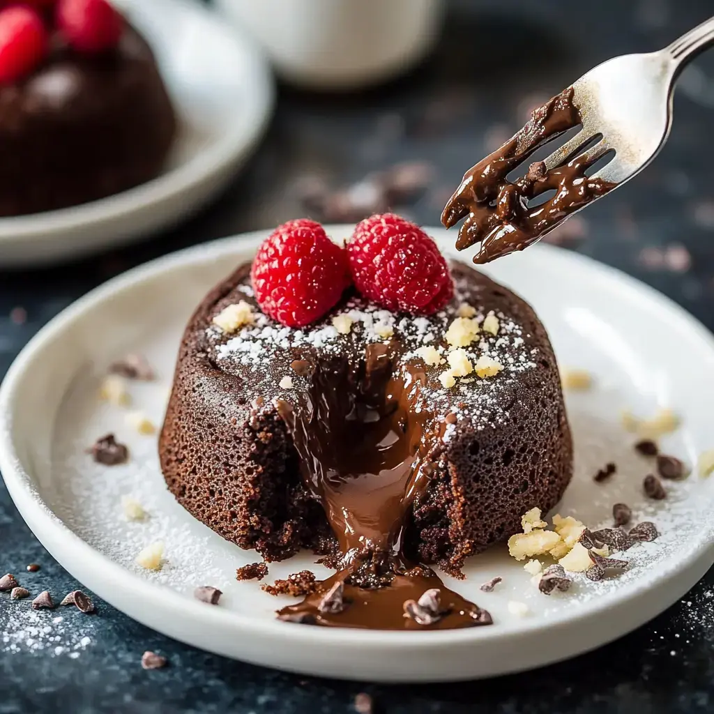 A rich chocolate lava cake topped with raspberries and dusted with powdered sugar, with molten chocolate oozing out from the center.