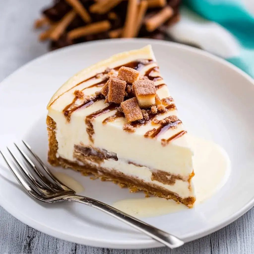 A slice of creamy cheesecake topped with caramel drizzle and brown sugar cubes on a white plate, with a fork beside it.