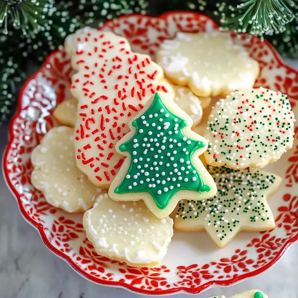 A decorative plate holds a variety of iced Christmas cookies, including tree and star shapes, adorned with colorful sprinkles.