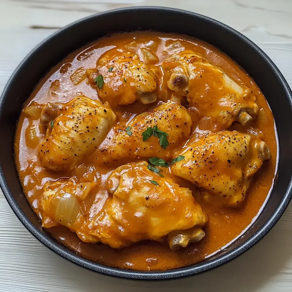 A black bowl filled with chicken thighs in a rich, orange sauce, garnished with parsley and accompanied by diced onions.