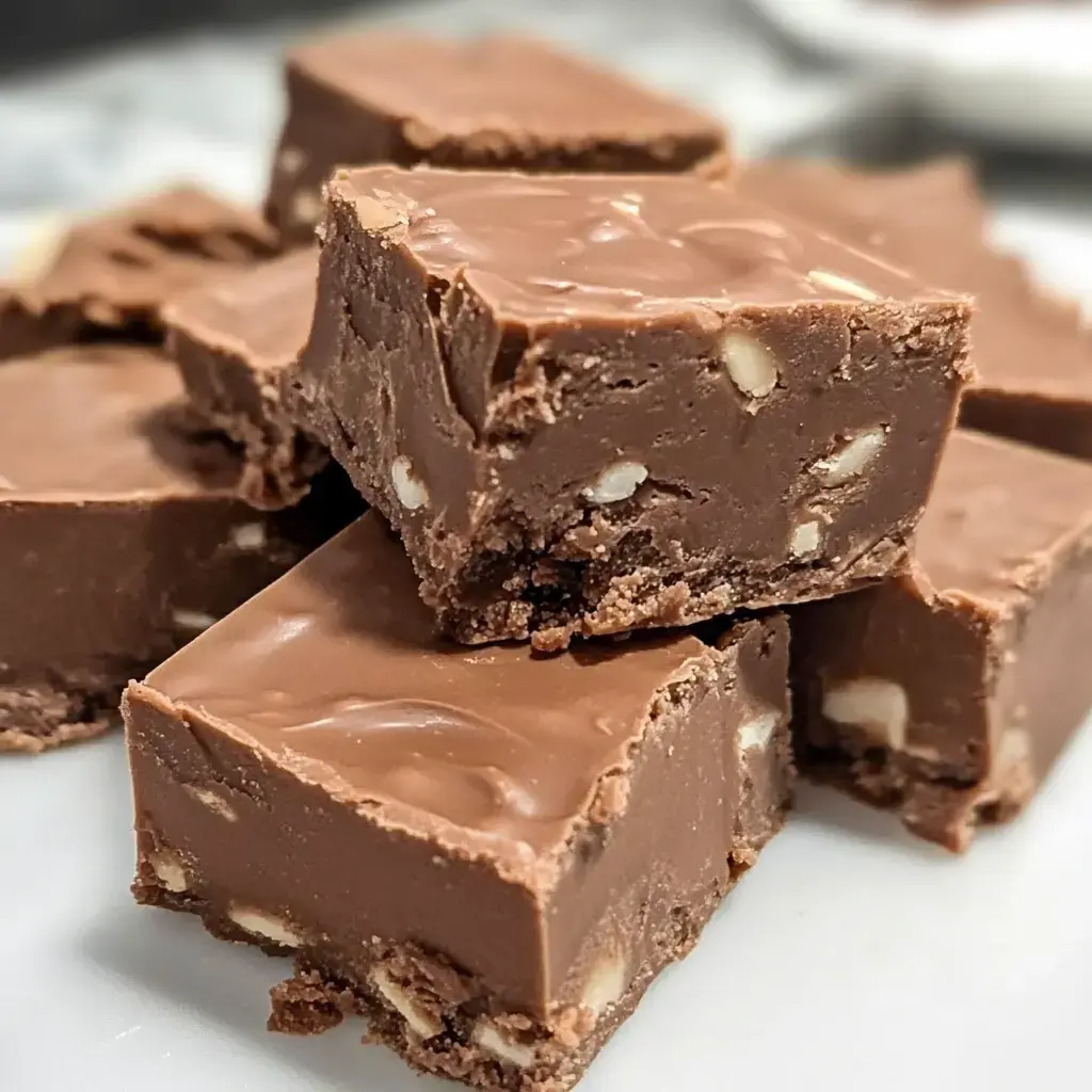 A close-up image of chocolate fudge squares with a smooth top and visible nuts.