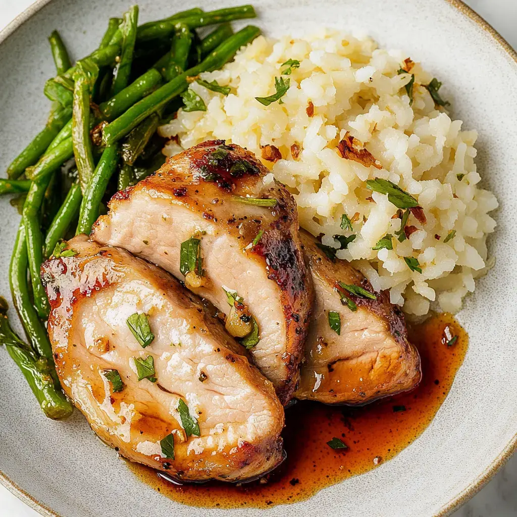 A plate featuring two slices of glazed chicken, a side of green beans, and fluffy rice garnished with parsley.