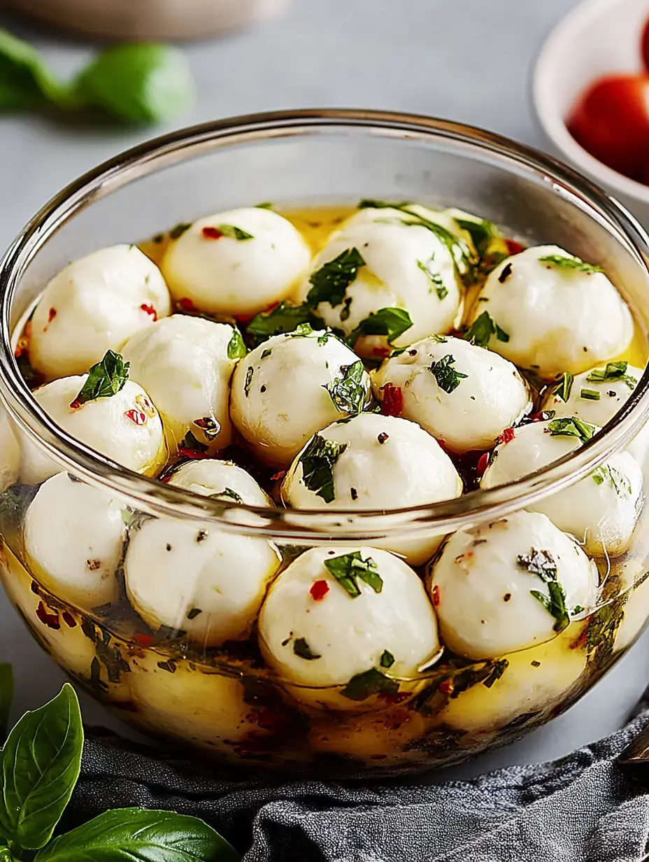 A glass jar filled with small mozzarella balls in olive oil, garnished with herbs and spices.