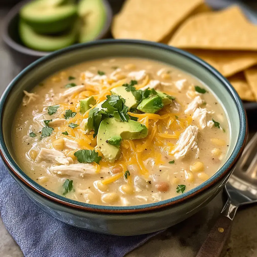 A bowl of creamy chicken soup topped with avocado, shredded cheese, and cilantro, served with tortilla chips on the side.