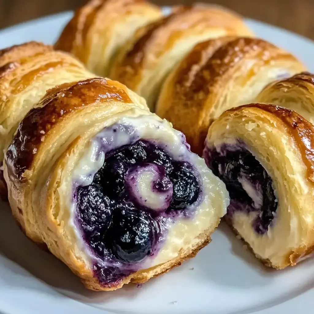 A plate of golden-brown, flaky pastry rolls filled with creamy custard and blueberries, with one roll cut in half to reveal the filling.