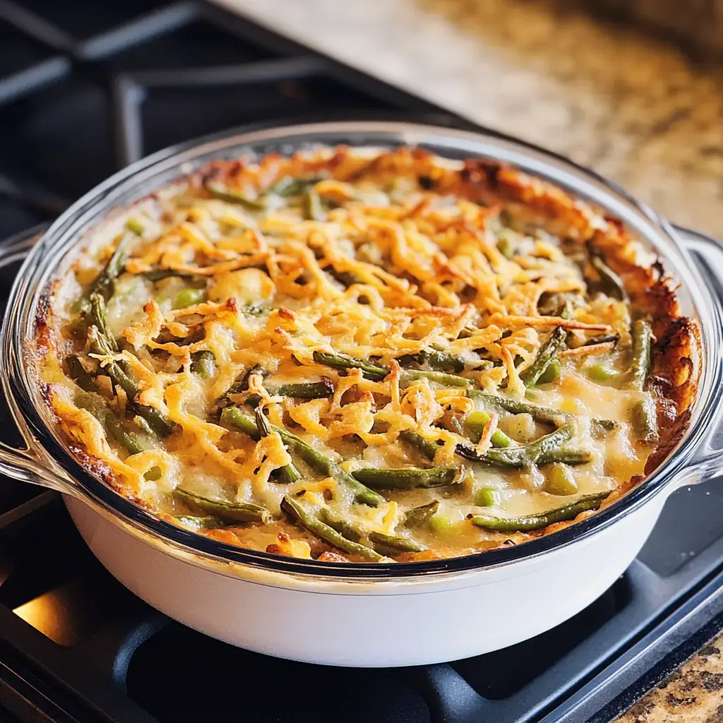 A baked casserole dish filled with green beans and topped with a golden, crispy layer of cheese.