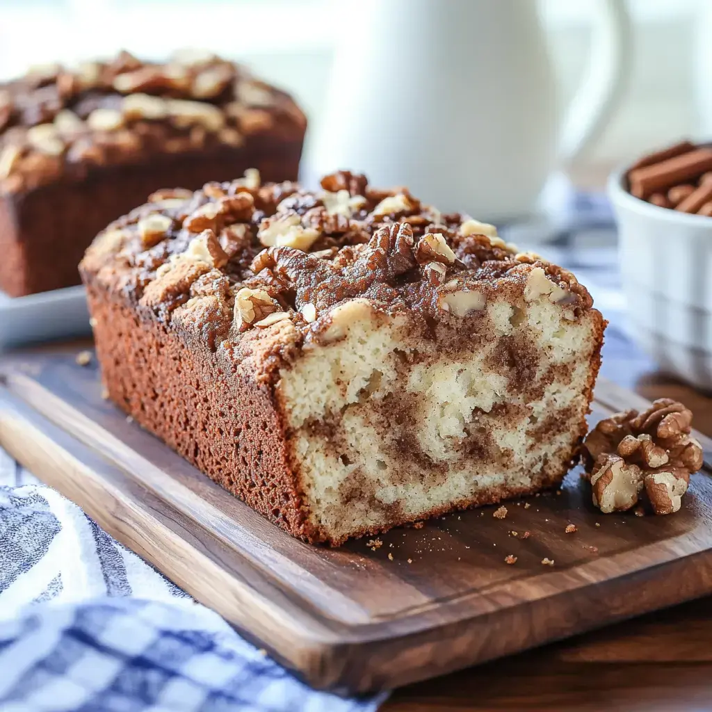 A loaf of marble cake topped with chopped walnuts is displayed on a wooden cutting board.