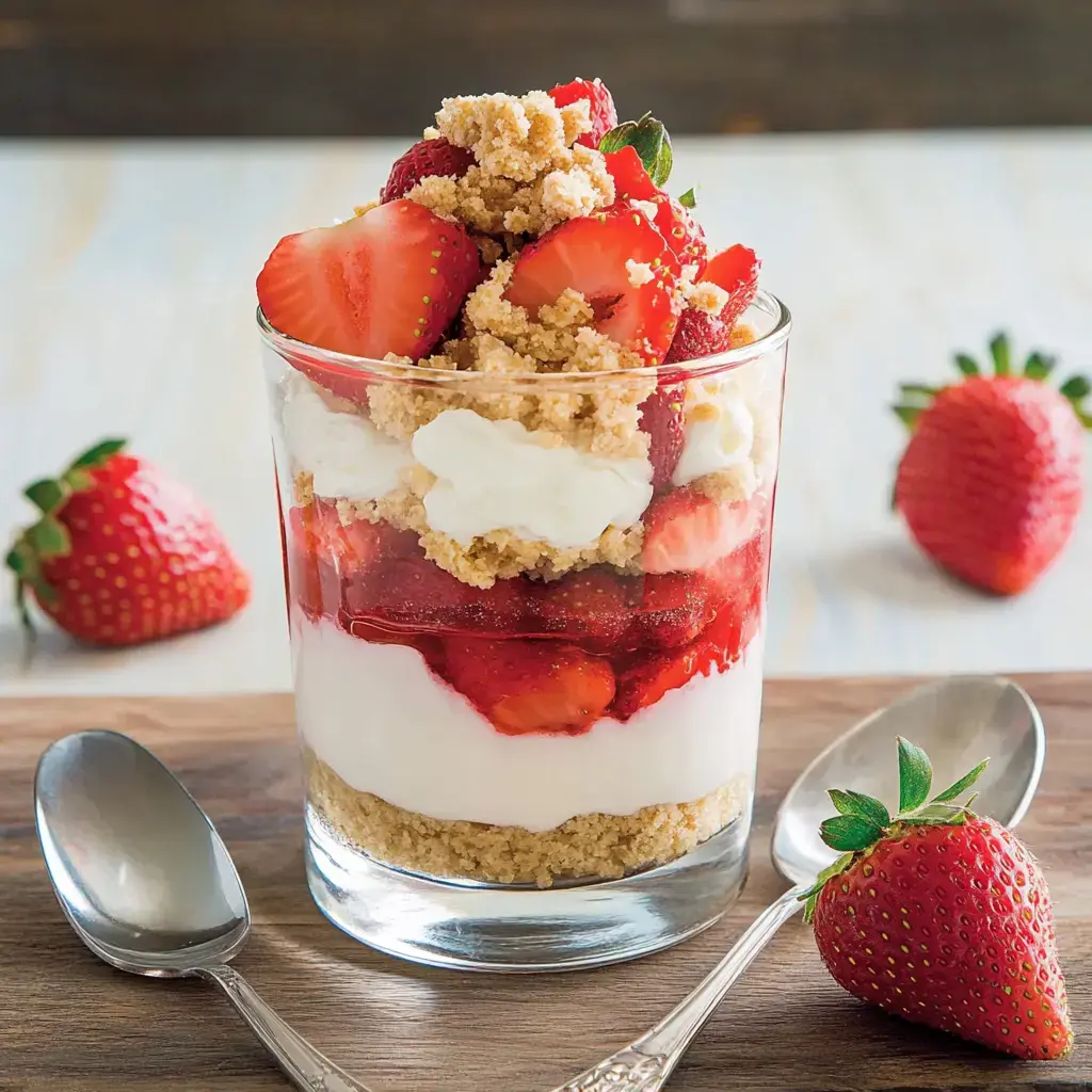 A glass dessert layered with strawberries, whipped cream, and crumbled cookies, with whole strawberries and a spoon nearby.