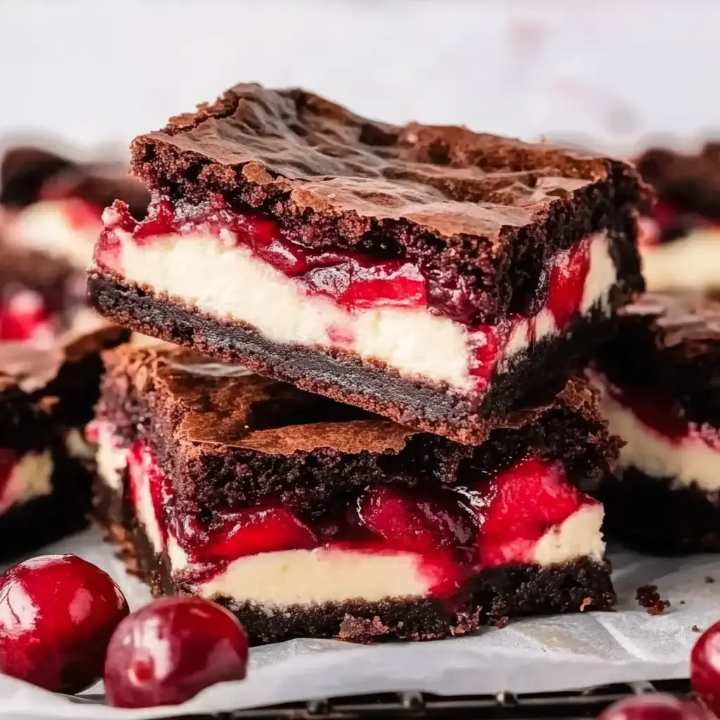 A stack of rich chocolate brownie squares with a creamy cheesecake and cherry filling, garnished with fresh cherries on the side.