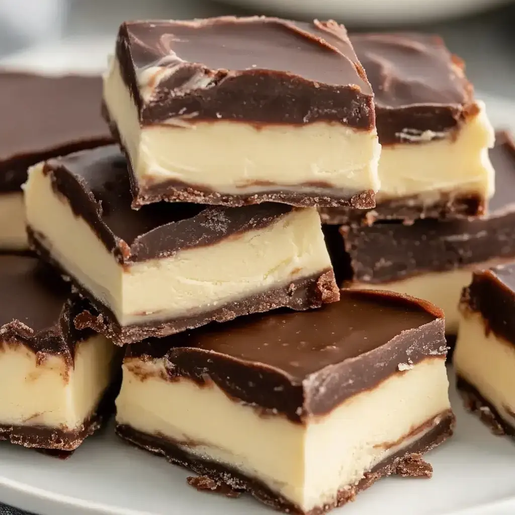 A close-up of stacked squares of layered chocolate and creamy filling bars on a plate.