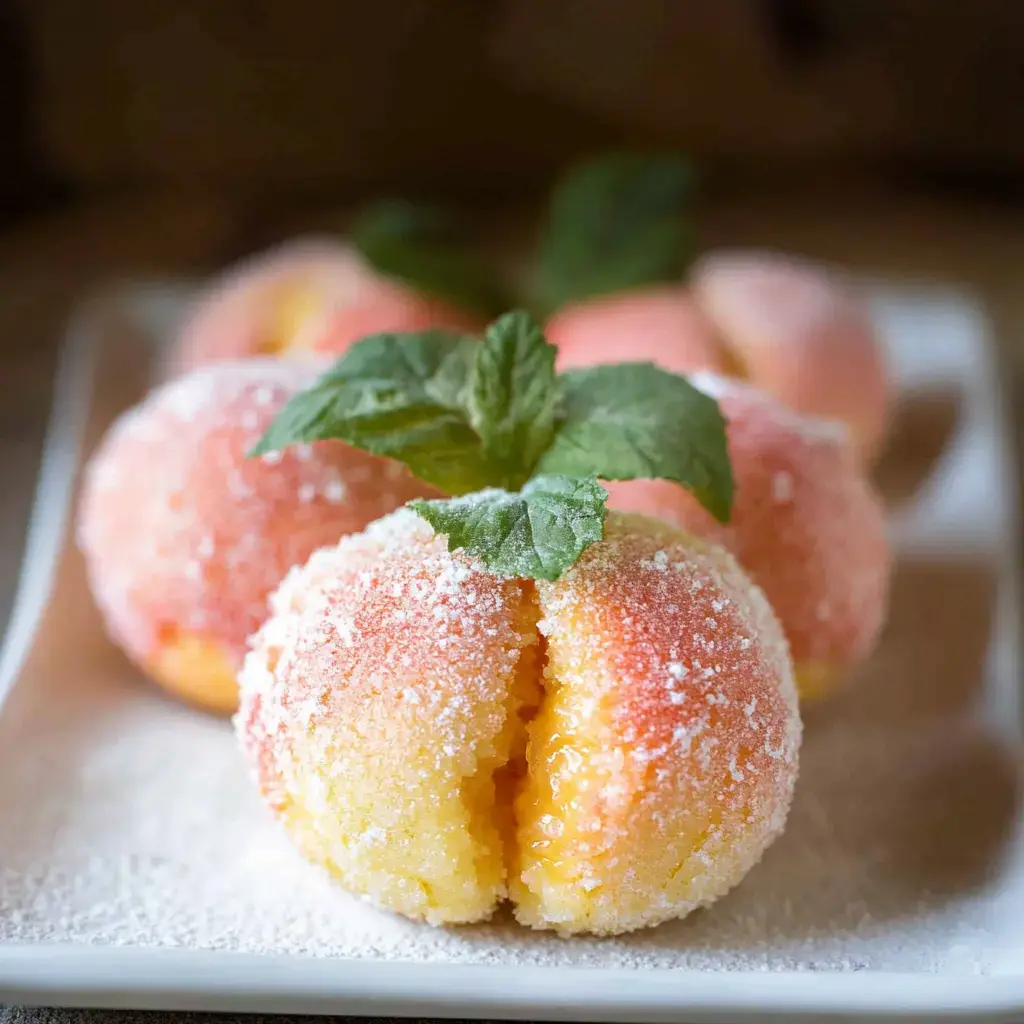 A close-up image of peach-shaped confections dusted with sugar and garnished with mint leaves.