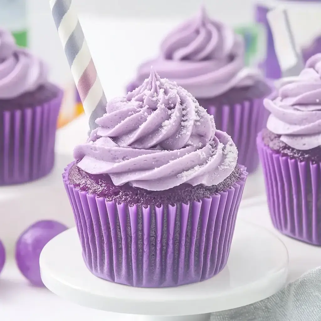 A close-up of beautifully decorated purple cupcakes with swirled frosting and a striped straw, displayed on a white cake stand.