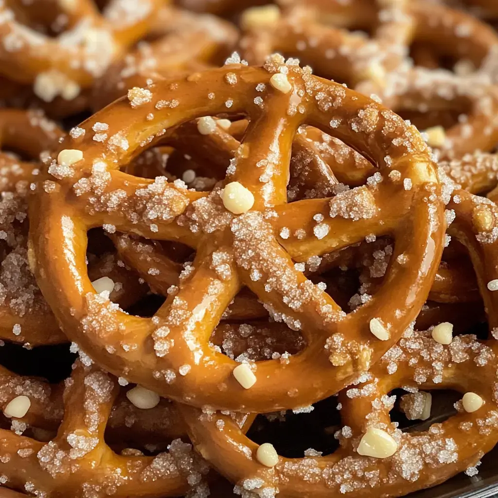 A close-up of salted pretzels sprinkled with coarse sugar and small pieces of white chocolate.