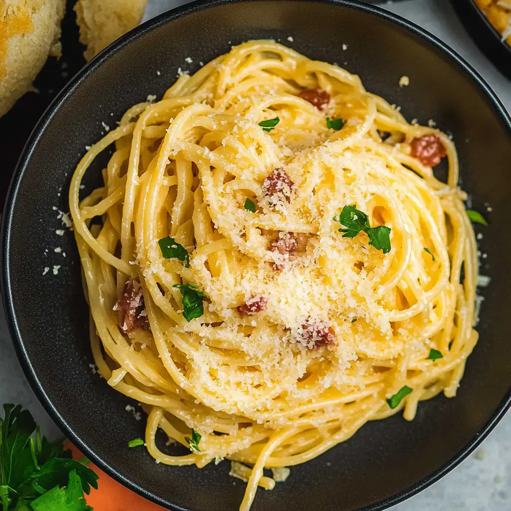 A close-up view of a bowl of spaghetti topped with grated cheese and parsley.