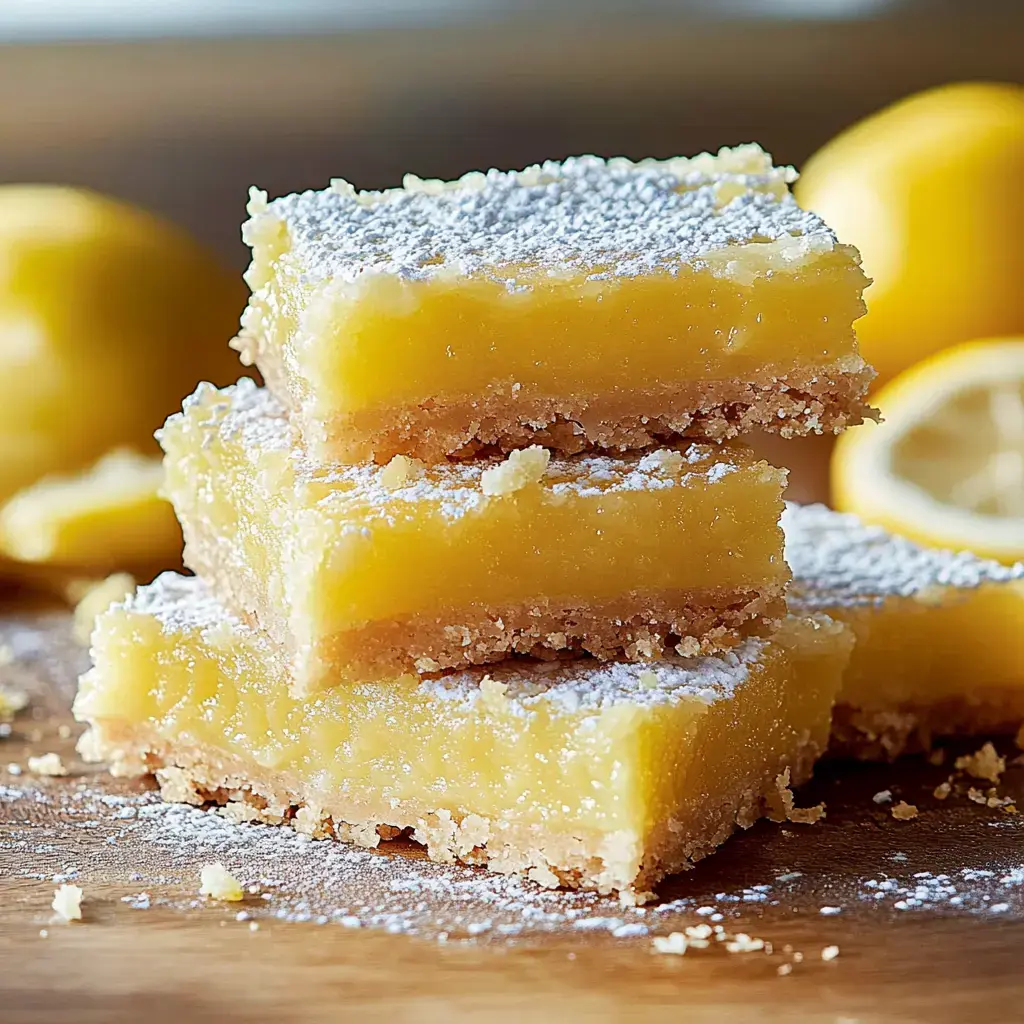 A stack of lemon bars dusted with powdered sugar, with fresh lemons in the background.