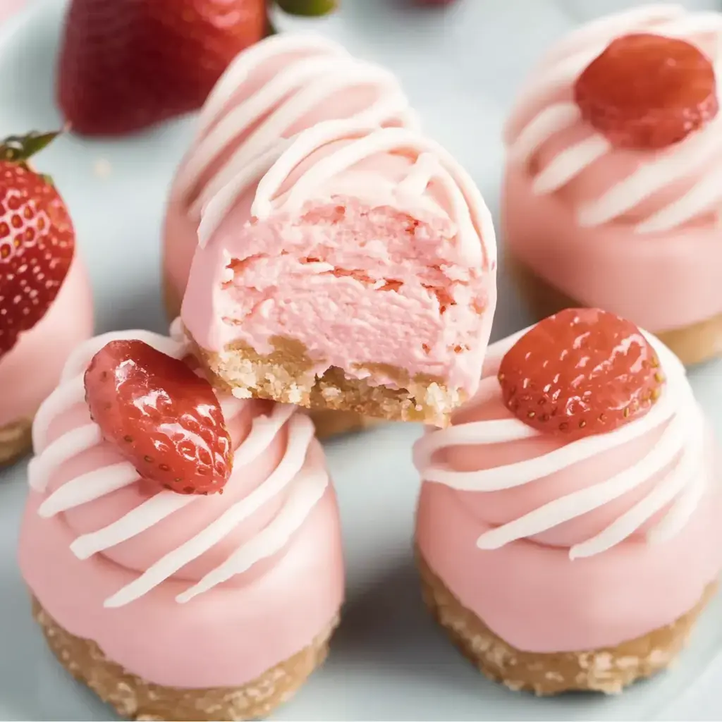 A close-up view of pink frosted mini cakes topped with strawberries and white icing drizzles, one cake is shown with a bite taken out.