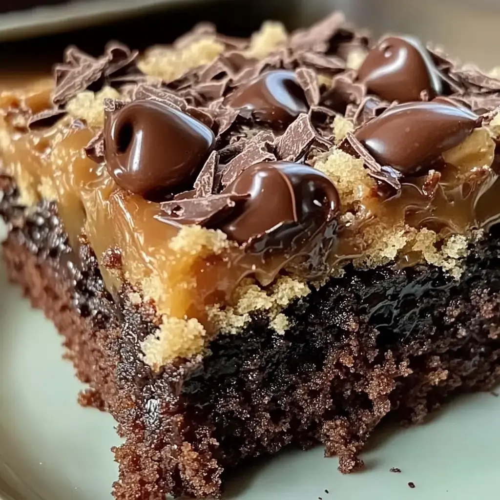 A close-up of a slice of dessert featuring layers of chocolate cake topped with caramel, brown sugar, and chocolate chips.