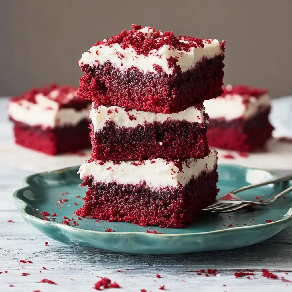 A stack of red velvet cake squares with cream cheese frosting on a green plate, surrounded by loose cake crumbs.