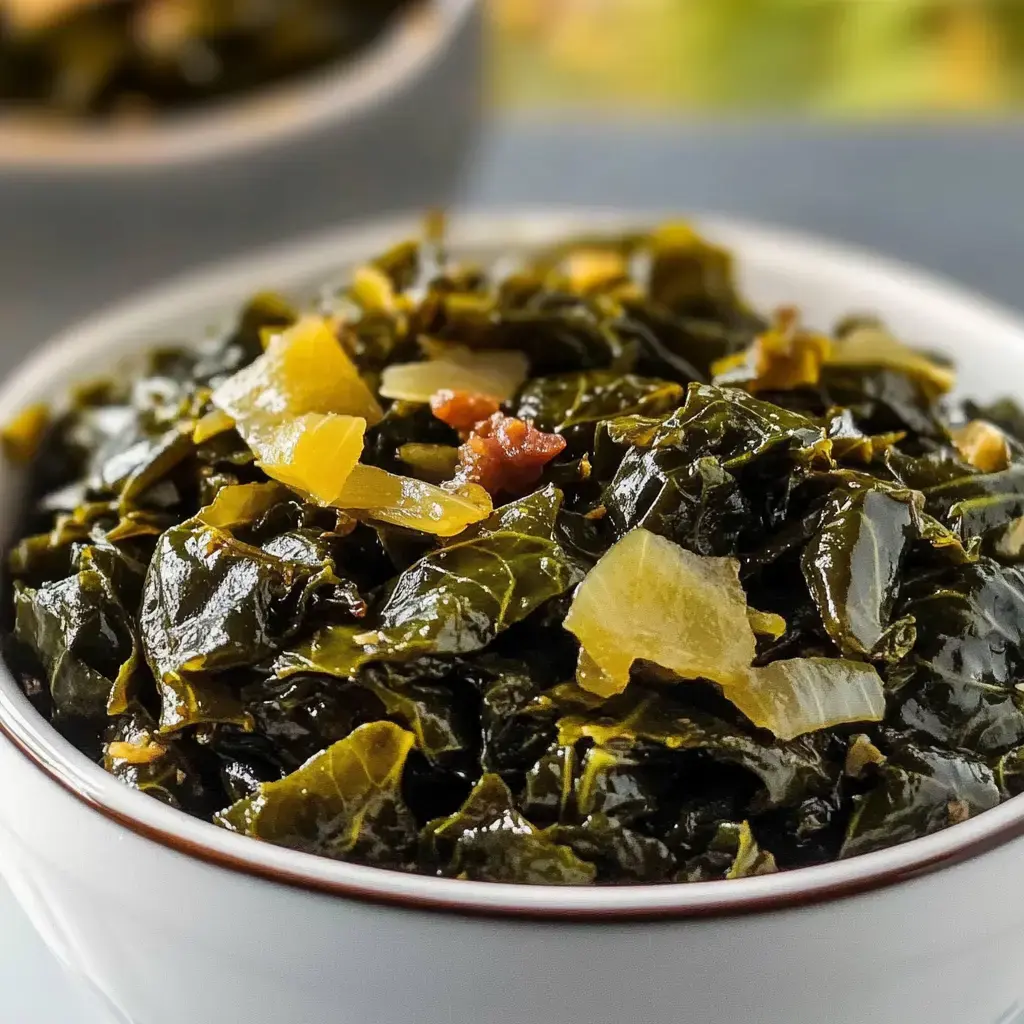 A close-up view of a bowl filled with cooked greens, accented with pieces of onion and seasoning.