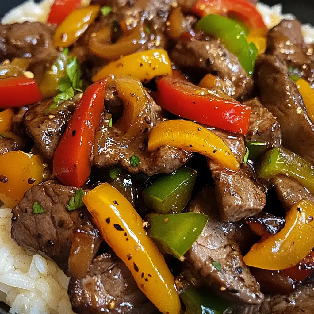 A close-up of seasoned beef stir-fry with colorful bell peppers served over rice.