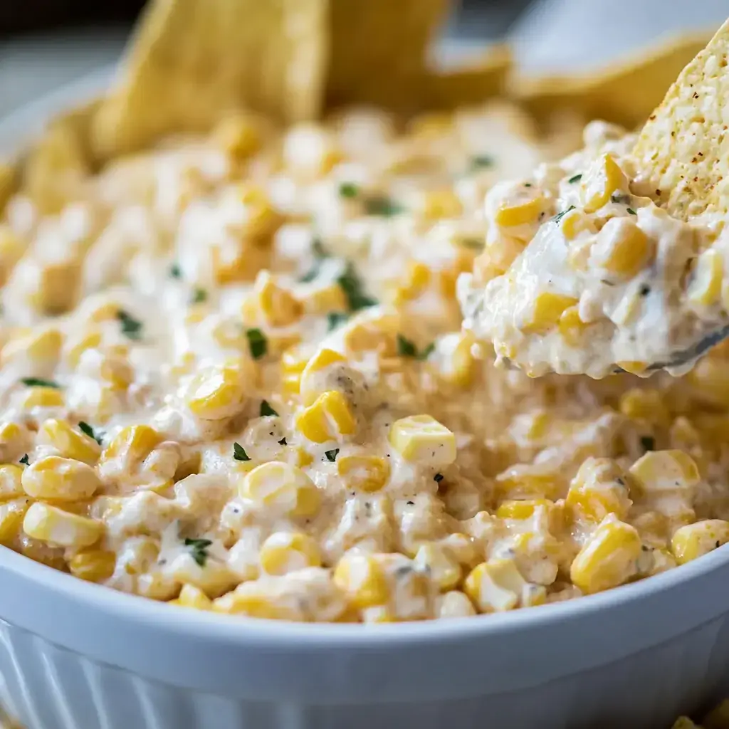 A creamy corn dip is being scooped with a tortilla chip from a white bowl, garnished with chopped herbs.