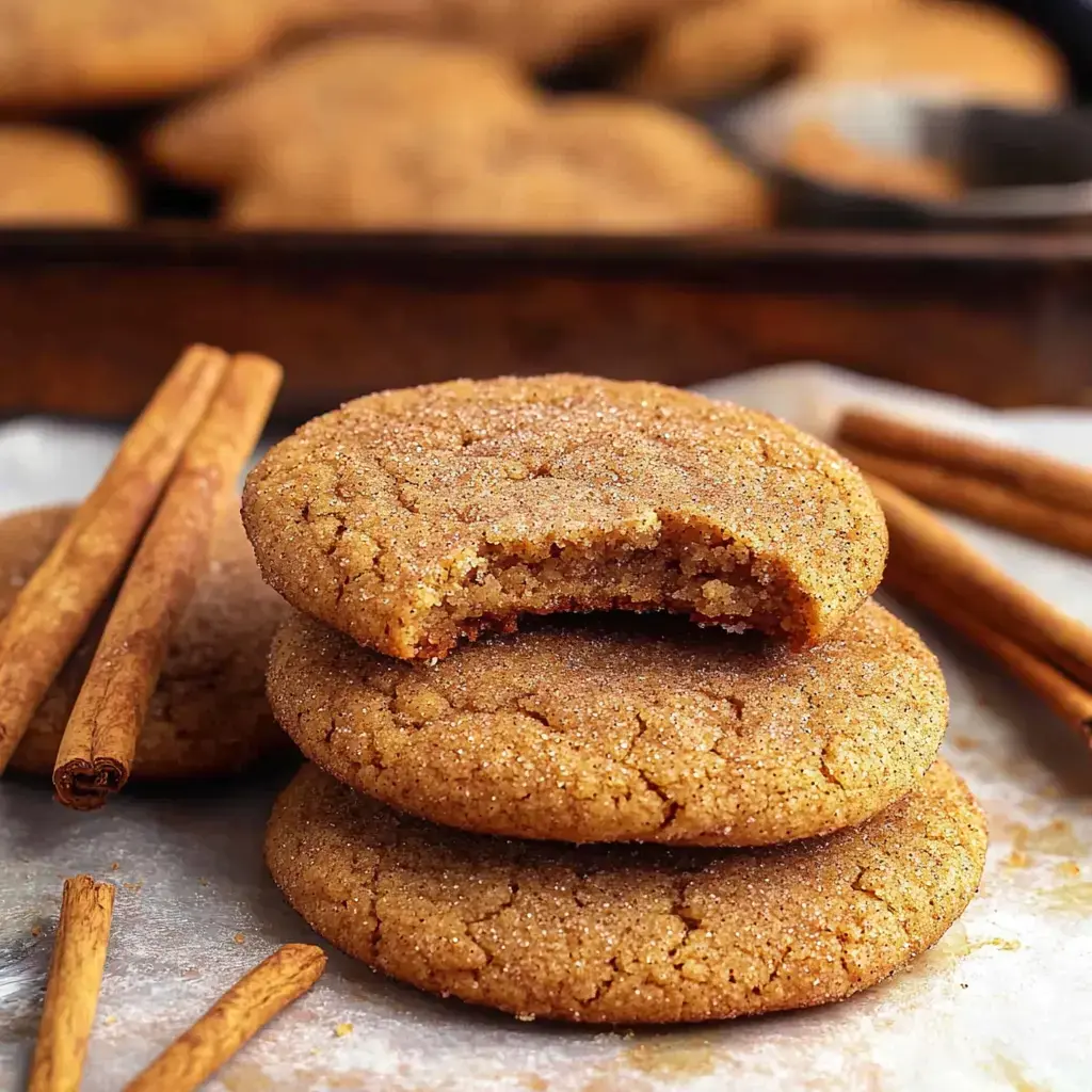 Three golden-brown cookies are stacked on top of each other, with one partially bitten, alongside a few cinnamon sticks.