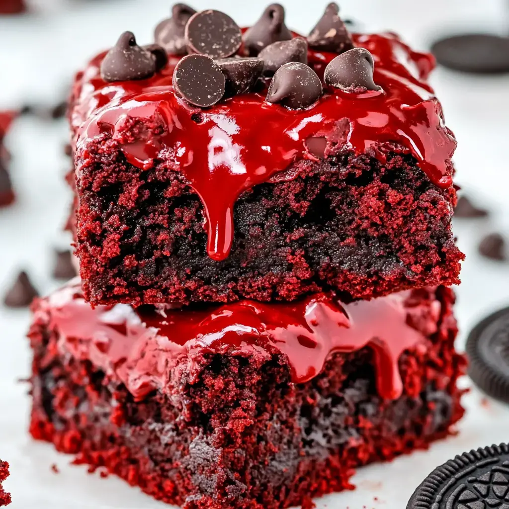 A close-up of two layers of red velvet cake topped with glossy red glaze and chocolate chips, surrounded by Oreo cookies and chocolate morsels.