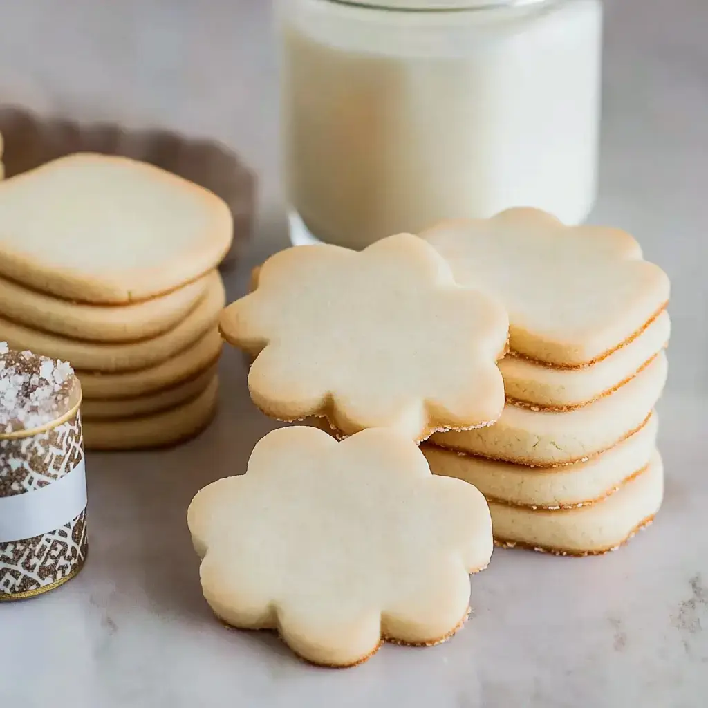 A stack of plain, flower-shaped and round cookies accompanied by a small container of sugar and a glass of milk.