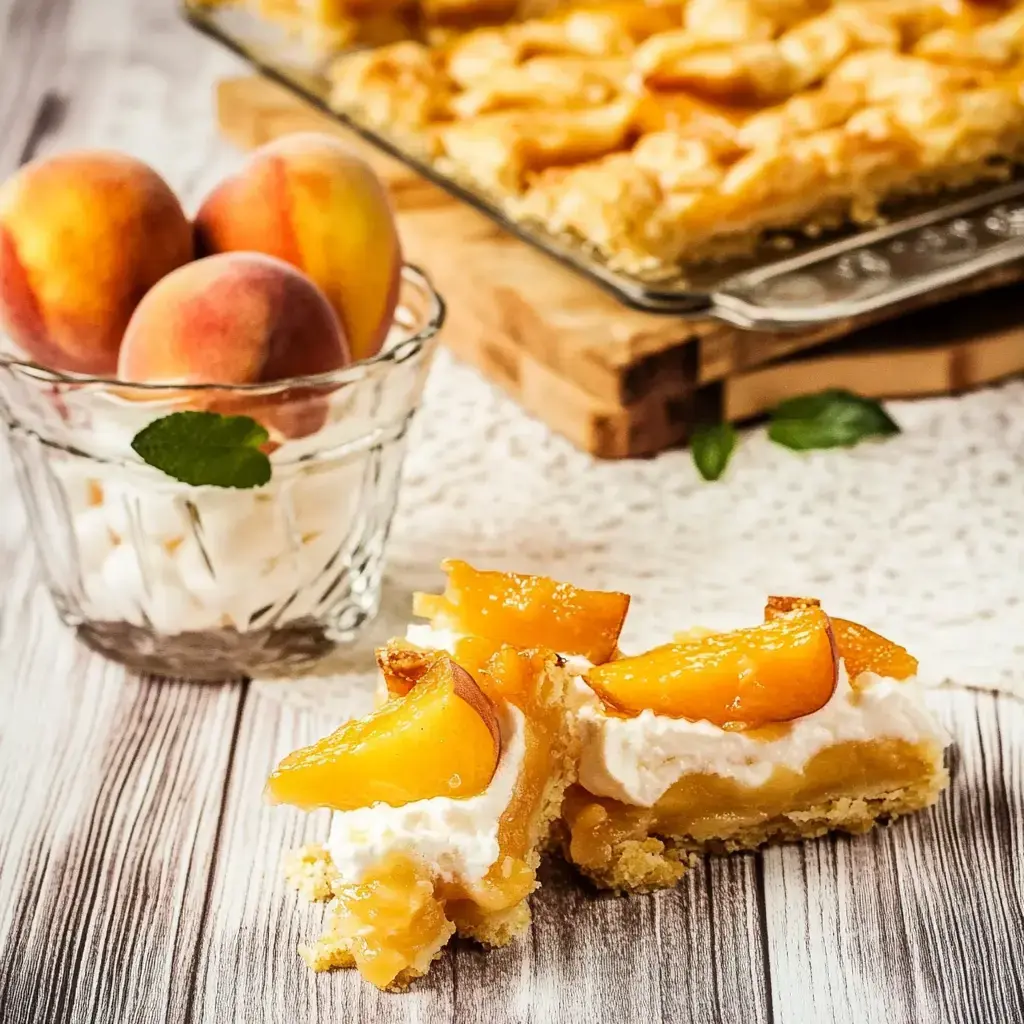 A slice of peach dessert topped with whipped cream, accompanied by fresh peaches in a glass bowl.