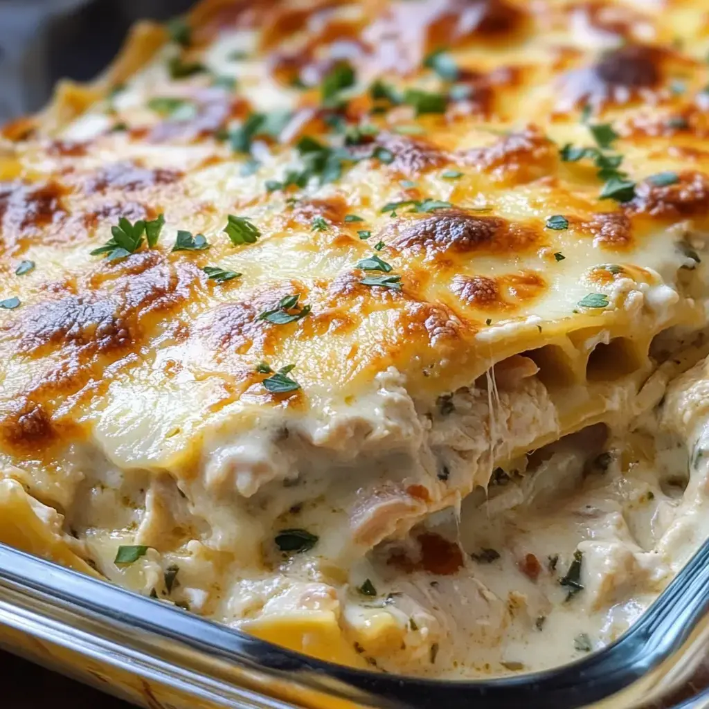 A close-up view of a creamy chicken lasagna topped with golden, melted cheese and garnished with fresh green herbs.